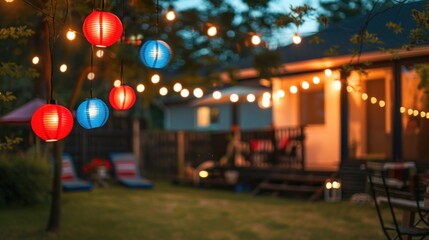 A backyard with string lights and lanterns in red, white, and blue for the holiday.