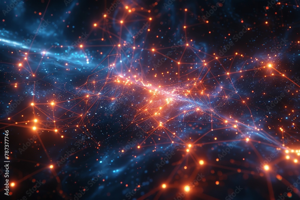 Poster intricate network of computers linked by glowing lines, abstract network of nodes with glowing conne
