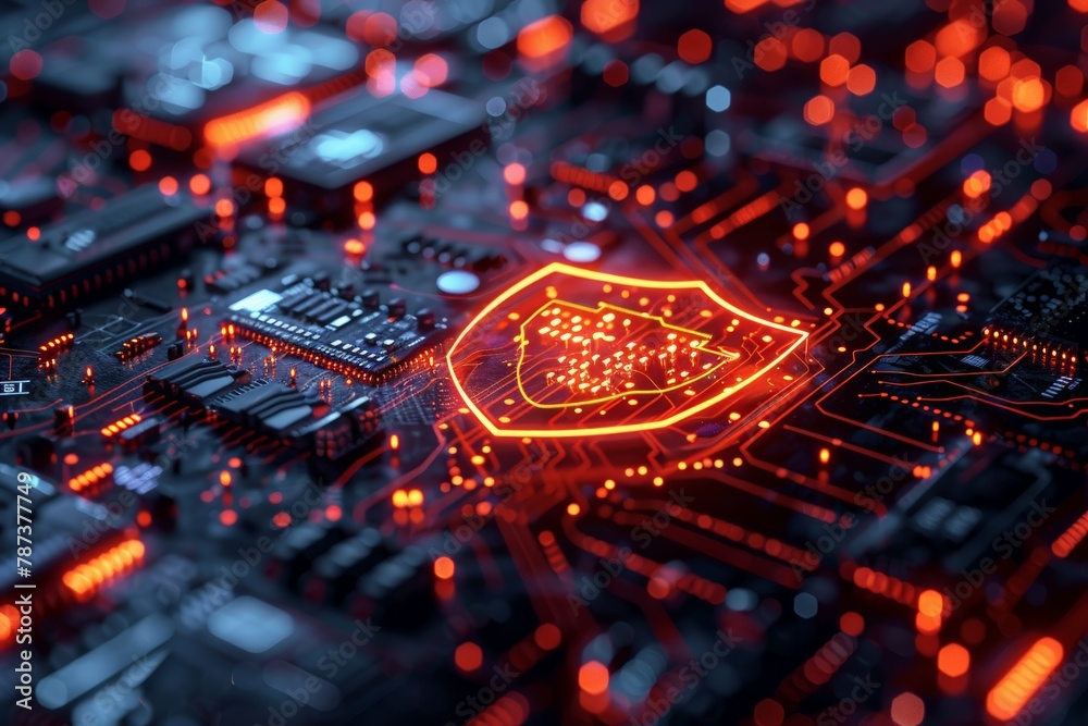 Poster autonomous robots patrolling the perimeter of futuristic data center, microchip circuitry, security 