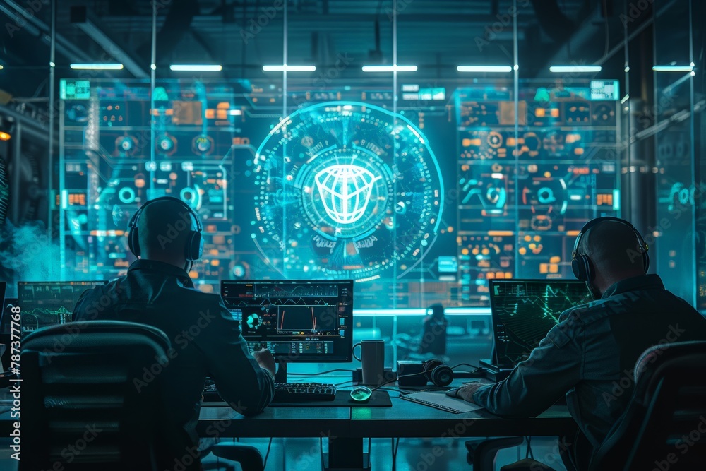 Poster cybersecurity analysts working in a futuristic lab, individuals in a futuristic control room, monito