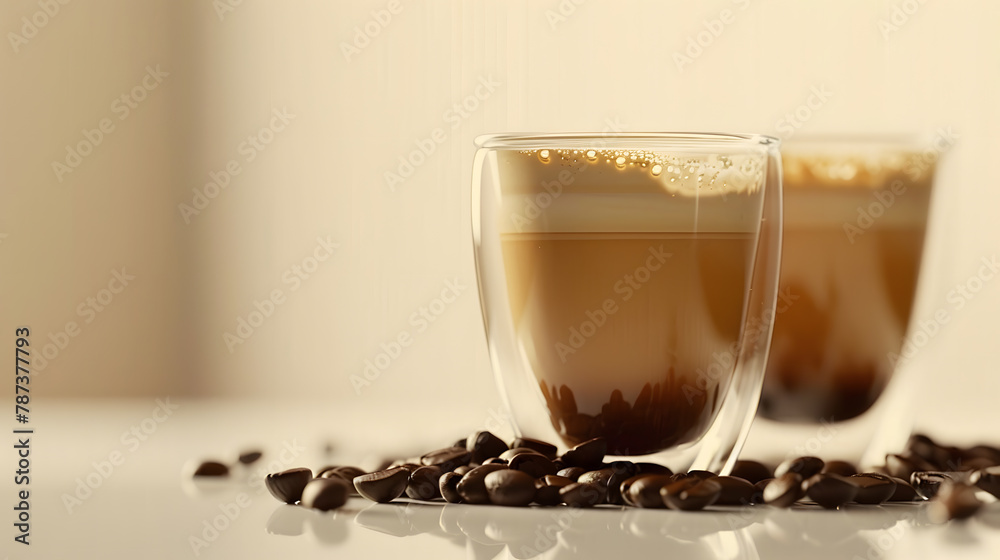 Poster close up of double glass cup of fresh latte coffee with coffee beans on white table and copy space :