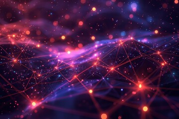 Fototapeta premium Intense scene inside a cybersecurity war room, Complex network of nodes and connections with lights, abstract representation of data, neural networks, cosmic web, underlining connectivity.