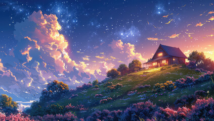 Fototapeta na wymiar A beautiful house on a hillside, surrounded by colorful clouds and pink flowers under a starry sky, in the style of anime. Created with Ai