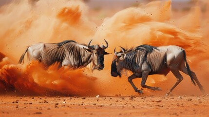Blue wildebeests engaged in combat in the arid red sand of the Kalahari desert Fighting blue wildebeests - obrazy, fototapety, plakaty