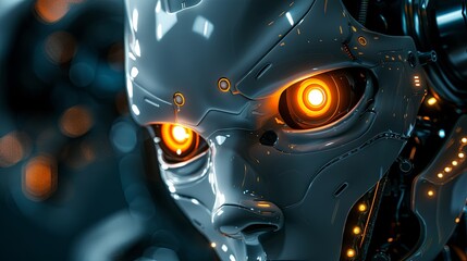 Futuristic robot with glowing orange eyes in a dark setting