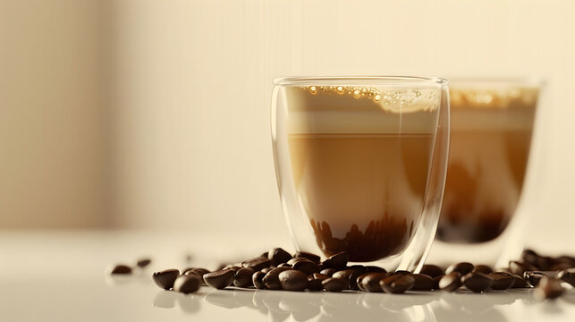 close up of double glass cup of fresh latte coffee with coffee beans on white table and copy space : Generative AI