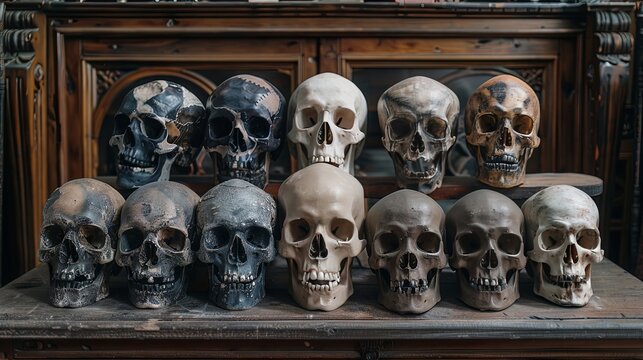 Vintage collection of various human skulls on wooden shelf