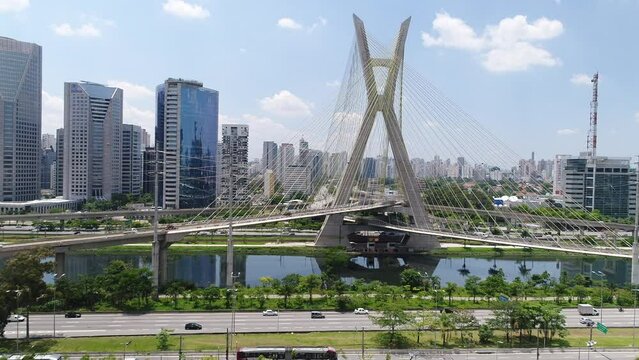 Aerial view of Octavio Frias de Oliveira Bridge - Ponte Estaiada - over Pinheiros River, Sao Paulo, Brazil
This image is perfect for projects related to events, travel and tourism.