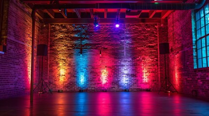 Vibrant nightclub lighting on brick wall in empty urban loft