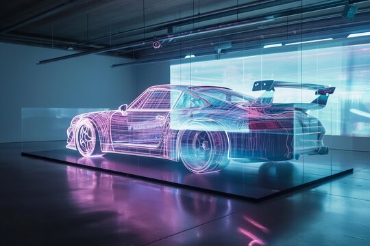 a holographic projection of a car, car prototype, a holographic car projection, car holographic, car modeling, car holograph, car projection, car modeling, car structure