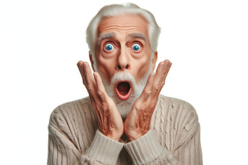 old man expressing surprise and shock emotion with his mouth open and big wide open eyes on a white background
