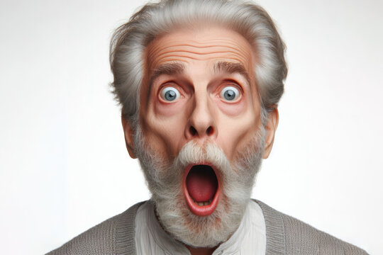 old man expressing surprise and shock emotion with his mouth open and big wide open eyes on a white background