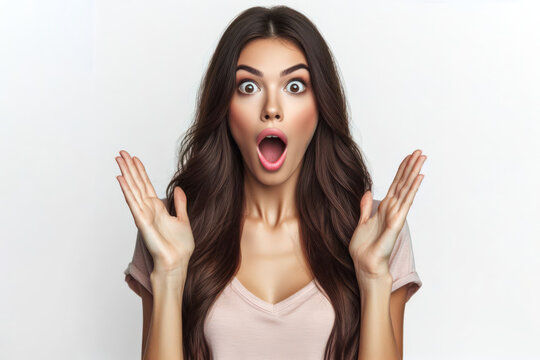 woman expressing surprise and shock emotion with her mouth open and big wide open eyes on a white background