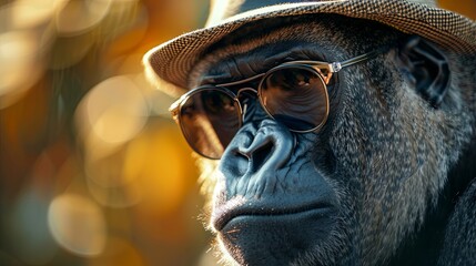 Gorilla portrait in sunglasses against a golden bokeh background
