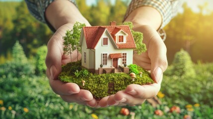 Real estate show eco greenery house model to buy or rent housing with property insurance. - Powered by Adobe