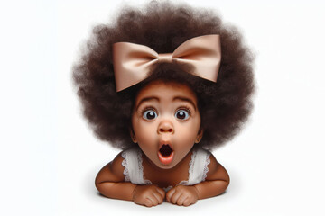 funny face of a surprised afro baby girl with bow shot at a wide angle isolated on a white background