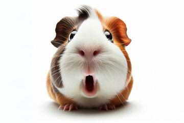 funny face of a surprised guinea pig shot at a wide angle isolated on a white background