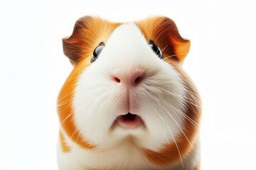 funny face of a surprised guinea pig shot at a wide angle isolated on a white background - obrazy, fototapety, plakaty