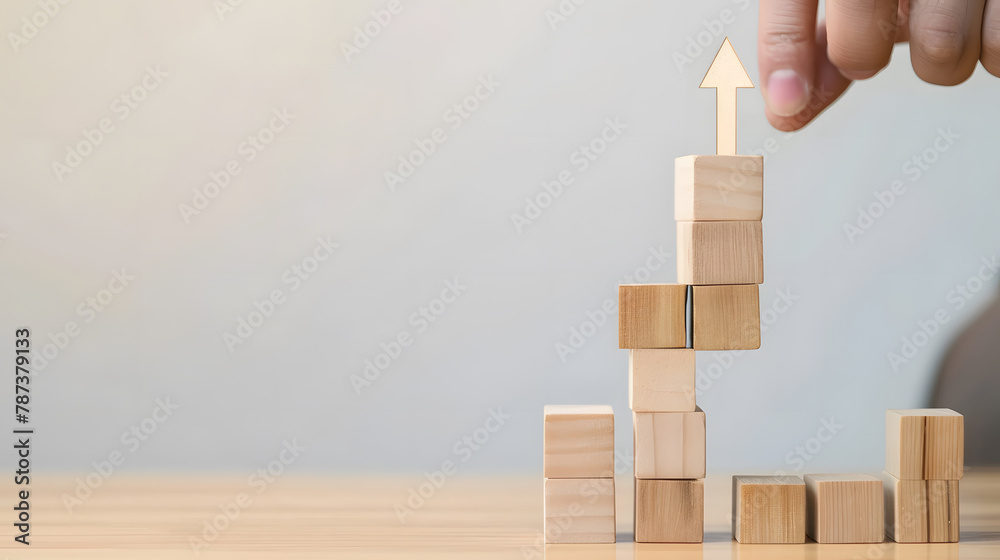 Poster business growth concept male hands arranged stacked wooden blocks steps on white table future busine