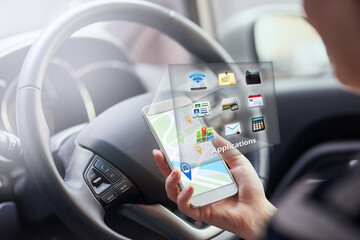 Person, hands and smartphone with hologram in car with digital maps for smart driving and assist...