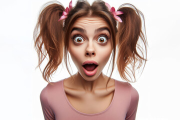 funny face of a surprised woman shot at a wide angle isolated on a white background
