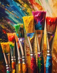  Colorful paint brush splashes on canvas. Row of artist paintbrushes closeup on artistic canvas