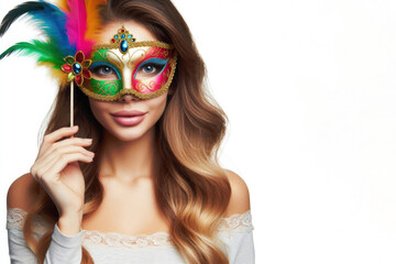 Naklejka premium woman wearing a colorful carnival mask isolated on white background