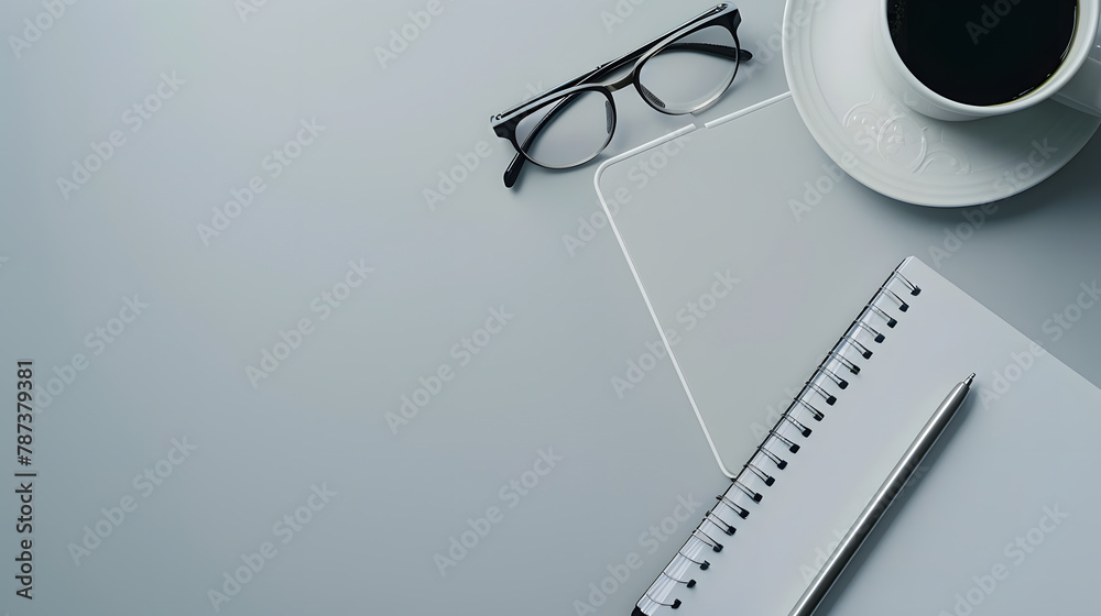 Poster Top view White Office desk with computer Pen eyeglass notebook and cup of coffee copy space Mock up : Generative AI