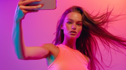 Fototapeta premium Woman Taking Neon-Lit Selfie
