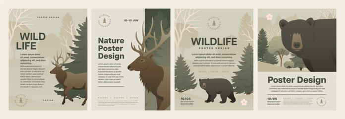 Forest animal poster design set. Animals in nature background vector illustration. Color landscape with trees, bear and deer for flyer or letter.