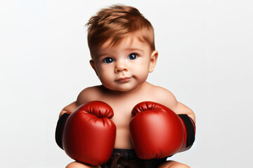 baby boy wearing boxing gloves isolated on a white background