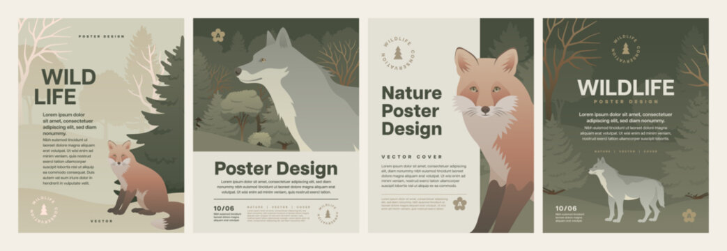 Forest animal poster design set. Animals in nature background vector illustration. Color landscape with trees, fox and wolf for flyer or letter.