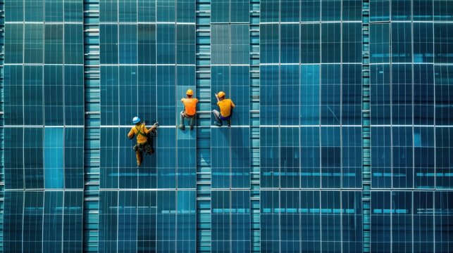 Workers installing solar panels on a commercial building. 
