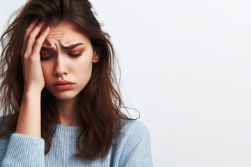 Fototapeta premium Woman with stressed facial expression portrait on a white background copy space
