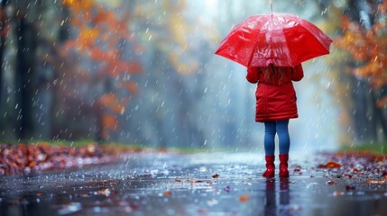 A lady in red with electric blue umbrella under drizzle