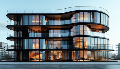 Modern black glass and steel residential building with three floors, front view, large windows on all sides, large terrace overlooking the city. Created with Ai