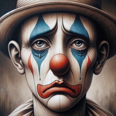 AI generated illustration of a clown painting with tear streaks