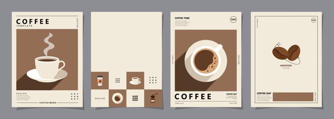 Set of minimal background templates with coffee beans and coffee mug for invitations, cards, banner, brochure, poster, cover, cafe menu or another design. Vector illustration.