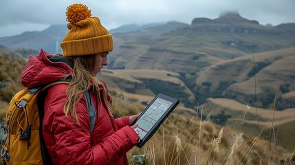 A field researcher in a mountainous area monitoring environmental conditions on a tablet, with charts of air quality and temperature changes.