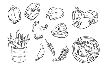 Big set of contour sketchy drawings of peppers. Black outline doodles isolated on white background. Vegan friendly concept. Ideal for coloring pages, tattoo, pattern