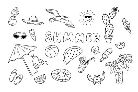 Set of hand drawn ink black summer doodles. Vacation summer concept. Sea beach related items isolated on white background. Good for coloring pages, tattoos, stickers