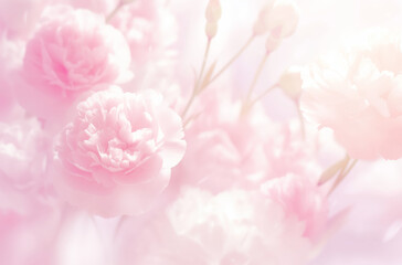 Pink carnations on a pastel background with soft focus and dreamy light. Delicate and ethereal with a floral background in gentle sunlight creating a romantic atmosphere of blooming flowers.