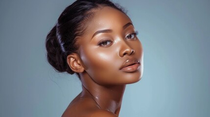A beauty portrait of a woman with flawless skin, promoting skincare regimens.