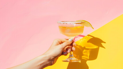 Female hand taking glass of delicious margarita cocktail isolated over pink yellow background Concept of cocktails alcoholic drinks taste party mix Copy space for ad Retro style : Generative AI - obrazy, fototapety, plakaty
