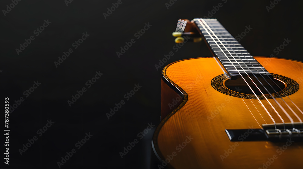 Poster Classical guitar close up dramatically lit on a black background with copy space : Generative AI
