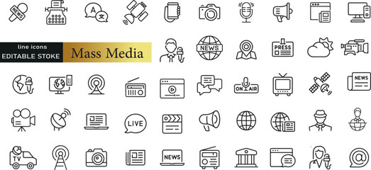 Mass Media & Journalism line icons set. Mass Media outline icons with editable stroke collection. Includes News, Microphone, Typewriter, Office, News Reporter