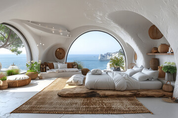 Beautiful interior of modern rustic and boho style bedroom in the cave house, sea view, big bed with white linen. Created with Ai
