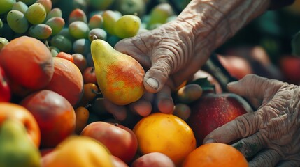 Close view of old farmers hands selecting diverse fruits.