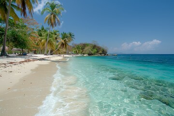 Fototapeta na wymiar Sandy Beach With Palm Trees and Clear Blue Water