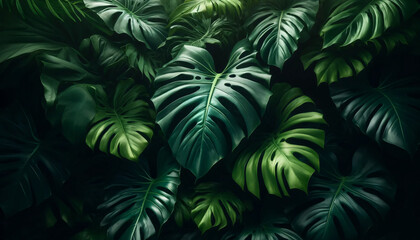 A vibrant of a dense collection of tropical monstera leaves. The leaves lush and green with a rich, dark undertone